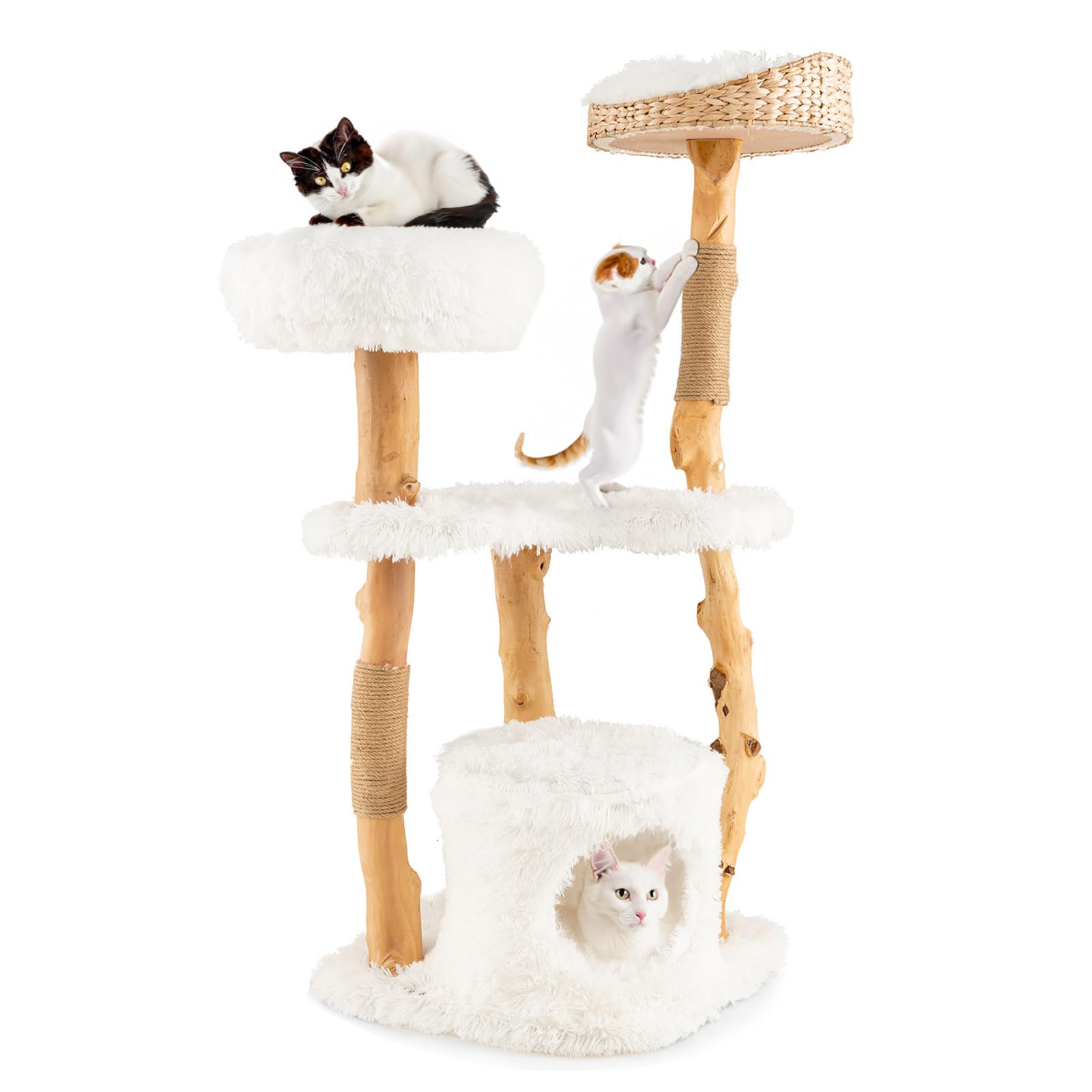 Tangkula Cat Tree Tower Solid Wood Modern Cat Tower with Top Cattail Basket Bed